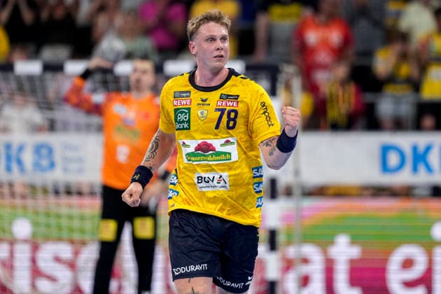 Goalscorer Edwin Aspenbäck RNL, 78 , cheers about a goal, cheer, cheer, goal celebration, celebrate the goal, goal, celebration, cheers about the goal, rejoicing, joy, rejoices, optimistic, positive, game scene, highlight, single picture, single photo, action, action, 24 05 2026, Mannheim Germany , Handball, Bundesliga, Rhein Neckar Löwen SC Magdeburg xozx