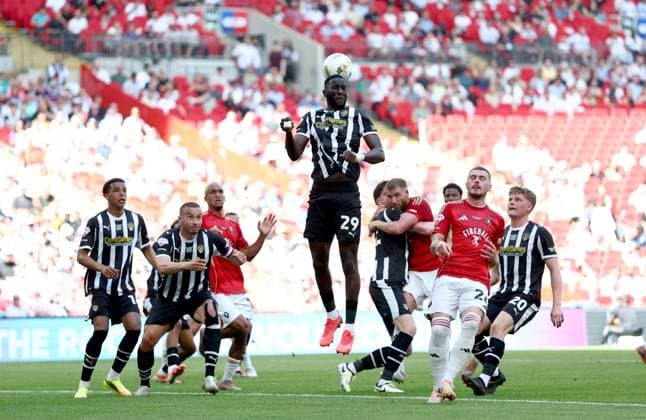 Alassana Jatta of Notts County heads the ball away Notts County v Salford City, EFL Sky Bet League Two, Play-Off Final, Football, Wembley Stadium, London, UK - 25 May 2026London Wembley Stadium United Kingdom EDITORIAL USE ONLY No use with unauthorised audio, video, data, fixture lists, club league logos or live services. Online in-match use limited to 120 images, no video emulation. No use in betting, games or single club league player publications. Copyright: xSimonxDael Shutterstockx 16889935cf