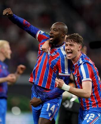 Jean-Philippe Mateta of Crystal Palace celebrates with teammate Jörgen Strand Larsen (right) winning the UEFA Conference League Crystal Palace v Rayo Vallecano, UEFA Conference League, Final, Football, Red Bull Arena, Leipzig, Germany - 27 May 2026Leipzig Red Bull Arena Germany EDITORIAL USE ONLY No use with unauthorised audio, video, data, fixture lists, club league logos or live services. Online in-match use limited to 120 images, no video emulation. No use in betting, games or single club league player publications. Copyright: xKieranxMcManus Shutterstockx 16898266dr