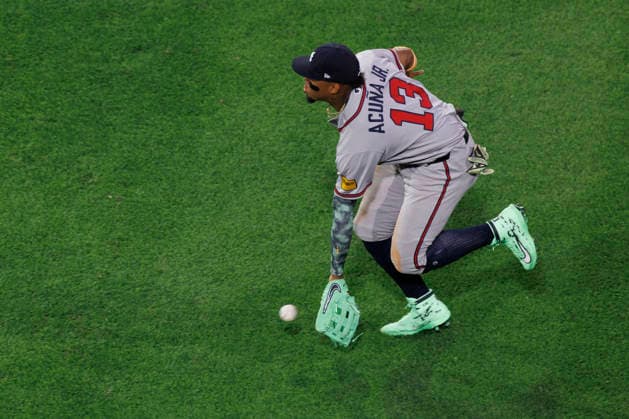 Atlanta Braves right fielder Ronald Acuna Jr. fields the ball during the sixth inning against the Boston Red Sox at Fenway Park in Boston, Massachusetts on Wednesday, May 27, 2026. BOP20260527016 CJxGUNTHER