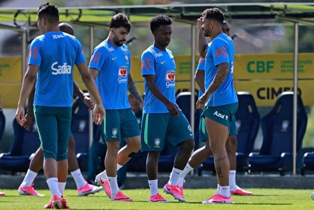 28th May 2026; Teresopolis, Brazil: Lucas Paqueta, Vinicius Jr and Danilo of Brazil during a training session at the Granja Comary training center in Teresopolis, Rio de Janeiro, Brazil, on May 28, 2026, ahead of the FIFA World Cup, WM, Weltmeisterschaft, Fussball 2026 HeulerxAndrey