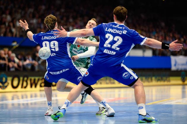 Mathias Gidsel Fuechse Berlin, 19 vs Tillman Leu ThSV Eisenach, 99 , Felix Aellen ThSV Eisenach, 22 GER, ThSV Eisenach vs Fuechse Berlin, 1 Daikin Handballbundesliga, Handball, Matchday 30, Season 2025 2026, 29 05 2026 GER, ThSV Eisenach vs Fuechse Berlin, 1 Daikin Handballbundesliga, Handball, Matchday 30, Season 2025 2026, 29 05 2026 Eisenach Copyright: xEibner-Pressefoto MartinxHerbstx EP_MHT