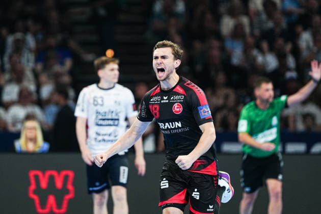 Goal celebration Florian Drosten MT Melsungen, 18 GER, MT Melsungen vs SG Flensburg Handewitt, Handball, EHF European League, Semi-final, Season 2025 2026, 30 05 2026 GER, MT Melsungen vs SG Flensburg Handewitt, Handball, EHF European League, Semi-final, Season 2025 2026, 30 05 2026 Hamburg Copyright: xEibner-Pressefoto MarcelxvonxFehrnx EP_MFN