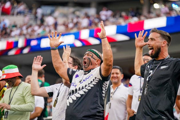 USA Soccer FIFA World Cup 2026 Group Stage Group G Iran vs. New Zealand SoFi Stadium, Inglewood, Los Angeles County, California New Zealand fans watch the World Cup match from the stands, creating a lively atmosphere with face paint, traditional Maori-inspired body art, and humorous gestures The image symbolizes fan culture, passion, and support for the All Whites at the 2026 FIFA World Cup Facial expressions, emotions,detected_source_language Copyright: xJOERANxSTEINSIEKx