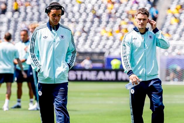 Jamal Musiala of Germany and Florian Wirtz of Germany looks on , Group E - FIFA World Cup, WM, Weltmeisterschaft, Fussball 2026, Ecuador v Germany, New York New Jersey Stadium, June 25, 2026, East Rutherford, United States.