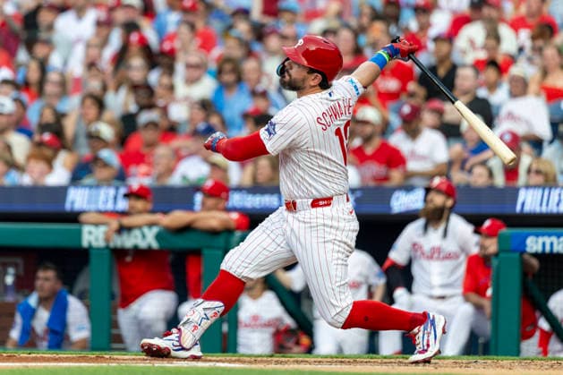 Philadelphia Phillies designated hitter Kyle Schwarber follows through on a sacrifice.fly during the third inning of a baseball game against the Pittsburgh Pirates Monday, June 29, 2026, in Philadelphia. Justin Crawford scored. PHI20260629007 LaurencexKesterson