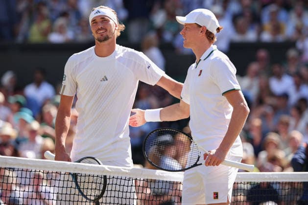 Alexander Zverev (GER) and Jannik Sinner (ITA) stand at the net and pose for a photo before the match begins, Men s Singles, Final, Wimbledon 2026 Grand Slam, ITF, ATP, WTA, AELTC, London, Great Britain, July 12, 2026 Copyright: xJuergenxHasenkopfx