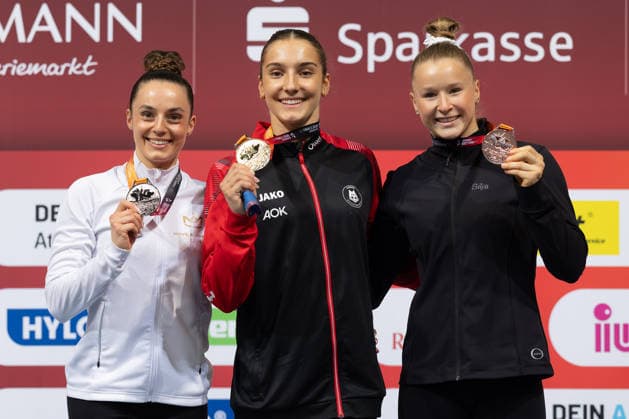 2026 German Artistic Gymnastics Championships, Apparatus Finals; Medal Ceremony for the Women’s Balance Beam Final. From left: Pauline Schäfer Betz (KTV Chemnitz), Helen Kevric (MTV Stuttgart), and Silja Stöhr (SG Heddesheim). German Artistic Gymnastics Championships, Apparatus Finals, on July 26, 2026, at the ZAG Arena in Hanover, Hanover, Lower Saxony, Germany. ZAG Arena