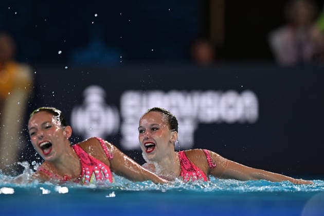 France, Paris, Centre Aquatique Olympique Metropole du Grand Paris, July 31, 2026, European Aquatics Championships, Artistic Swimming, Day 1, Duet Free Preliminary, Laelys Alavez and Romane Lunel of France. Photo by Eibner Pressefoto, Tino Henschel. European Aquatics Championships, Artistic Swimming, Day 1, Duet Free Preliminary, Paris Copyright: xEibnerxPressefotox