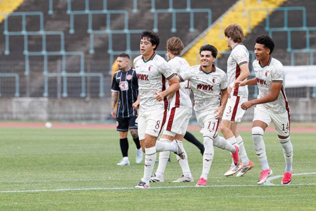 Franz Xaver Bleicher 8, FC Augsburg II, with FC Augsburg II scoring the 1-0 goal in the match between FC Augsburg II and TSV Landsberg, soccer, men s, Bavarian Regional League, 2026–2027, Matchday 2 on July 31, 2026, in Augsburg, Rosenaustadion, Bavaria, Germany