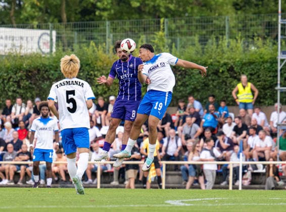 Soccer, Men s, 2026–2027 Season, Northeast Regional League, Matchday 2, SV Tasmania Berlin vs. FC Erzgebirge Aue, from left: Rintaro Yajima (Tasmania), Nils Lihsek (Aue), Danil Wostrikow (Tasmania), July 31, 2026, Copyright: xSebastianxRäppold MatthiasxKochx