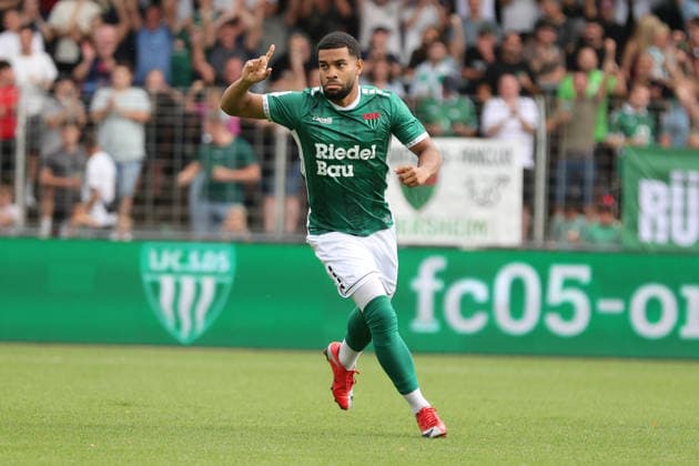 August 1, 2026, Men s Soccer, 2026–2027 Season, Bavarian Regional League, Matchday 2: 1 FC Schweinfurt 1905 vs. TSV 1860 Munich; Goal scorer: Jason Prodanovic (FC Schweinfurt 05), 17, celebrates his 1-0 goal; Single image from the Schweinfurt Riedel Bau Arena at the Sachs Stadio, Bavaria, Lower Franconia, Germany
