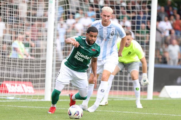August 1, 2026, Men s, Soccer, 2026–2027 season, Bavarian Regional League, Matchday 2: 1 FC Schweinfurt 1905 vs. TSV 1860 Munich. From left: Jason Prodanovic (FC Schweinfurt 05, No. 17) against Lasse Faßmann (1860 Munich), 33 Schweinfurt Riedel Bau Arena at Sachs Stadio, Bavaria, Lower Franconia, Germany