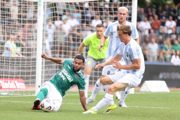 August 1, 2026, Men s, Soccer, 2026–2027 Season, Bavarian Regional League, Matchday 2: 1 FC Schweinfurt 1905 vs. TSV 1860 Munich. From left: Jason Prodanovic (FC Schweinfurt 05), No. 17, in front of Julian Bell (TSV 1860 Munich), 02 Schweinfurt Riedel Bau Arena at Sachs Stadio, Bavaria, Lower Franconia, Germany