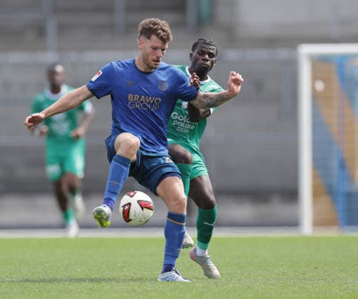Kevin Ehlers, Eintracht Braunschweig, facing off against Nsingi La Louviere; Soccer, Men s, 2026–2027 Season, 2nd Division, Eintracht Stadium, Eintracht Braunschweig vs. RAAL La Louvière, preseason, friendly match, 0–0. DFL regulations prohibit any use of photographs as image sequences and or quasi-video.