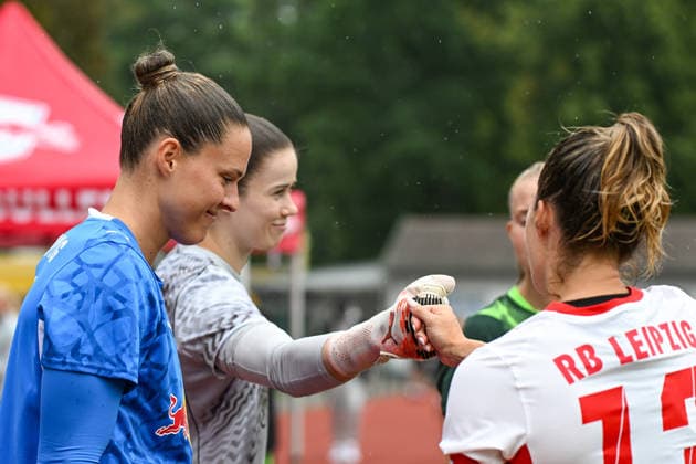 Soccer I Women I 2026–2027 Season I Friendly Match I RB Leipzig vs. VfL Wolfsburg I August 1, 2026 Elvira Johanna Herzog 1, Rasenballsport Leipzig, Stina Johannes 1, VfL Wolfsburg, and Sandra Starke 13, Rasenballsport Leipzig, shortly before the game at Markranstädt Grass Field, Stadion am Bad Großfeld, Am Stadtbad 30, Saxony, Germany Copyright: xLobeca InesxHähnelx