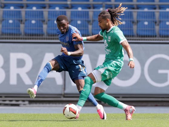 Aaron Opoku, Eintracht Braunschweig; Yllan Okou, La Louvière Soccer, Men s, 2026–2027 Season, 2nd Division, Eintracht Stadium, Eintracht Braunschweig vs. RAAL La Louvière, preseason, friendly match, 0–0. DFL regulations prohibit any use of photographs as image sequences and or quasi-video.