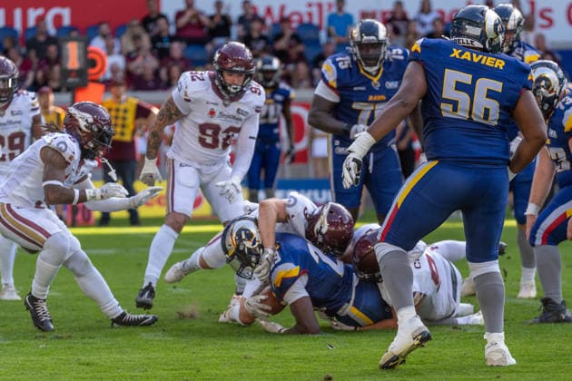 Patrick Burke of the Rhein Fire, 29, is tackled to the ground, GER Rhein Fire vs. Alpine Rams, American Football, AFLE, 2026 Season, August 1, 2026 GER Rhein Fire vs. Alpine Rams, American Football, AFLE, 2026 Season, August 1, 2026, Duisburg Copyright: xEibner-Pressefoto FabianxFriesex EP_FFE