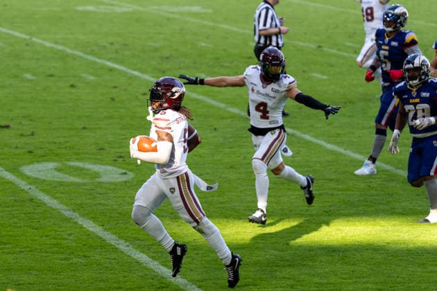 Nazir Streater (Rhein Fire), No. 05, with the ball, followed by Jannik Seibel (Rhein Fire), No. 04, GER Rhein Fire vs. Alpine Rams, American Football, AFLE, 2026 Season, August 1, 2026, GER Rhein Fire vs. Alpine Rams, American Football, AFLE, 2026 season, August 1, 2026, Duisburg Copyright: xEibner-Pressefoto FabianxFriesex EP_FFE