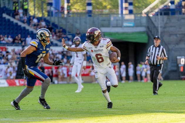 Kaylon Geiger (Rhein Fire), March 6, passes Matheo Diarra (Alpine Rams), March 12, GER Rhein Fire vs. Alpine Rams, American Football, AFLE, 2026 Season, August 1, 2026, GER Rhein Fire vs. Alpine Rams, American Football, AFLE, 2026 Season, August 1, 2026, Duisburg Copyright: xEibner-Pressefoto FabianxFriesex EP_FFE