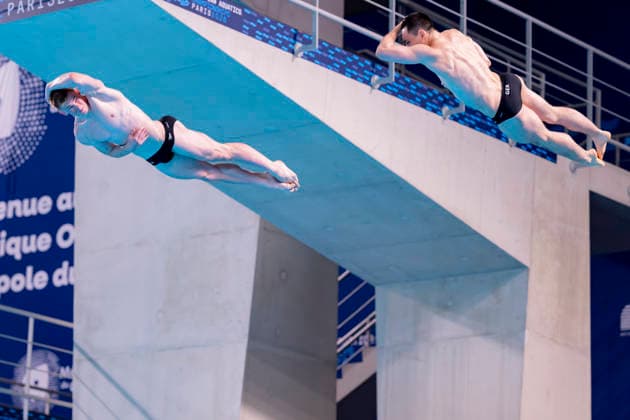France, Paris, Centre Aquatique Olympique Metropole du Grand Paris, August 3, 2026, European Aquatics Championships – Artistic Swimming, Day 4, Men’s 3m Springboard Synchronized Final, Lou Noel Guy Massenberg and Jonathan Giesbert Schauer of Germany, Photo by Eibner Pressefoto Tino Henschel European Aquatics Championships Artistic Swimming, Day 4, Men’s 3m Springboard Synchronized Final, Paris Copyright: xEibnerxPressefotox