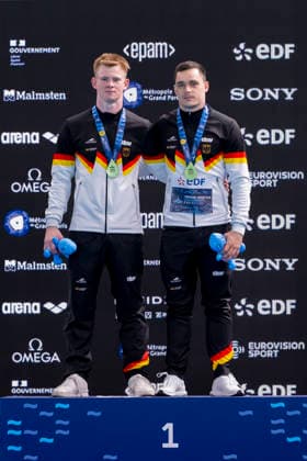 France, Paris, Centre Aquatique Olympique Metropole du Grand Paris, August 3, 2026, European Aquatics Championships – Artistic Swimming, Day 4, Men’s 3m Springboard Synchronized Final, Lou Noel Guy Massenberg and Jonathan Giesbert Schauer of Germany celebrate winning the gold medal, Photo by Eibner Pressefoto Tino Henschel European Aquatics Championships Artistic Swimming, Day 4, Men’s 3m Springboard Synchronized Final, Paris Copyright: xEibnerxPressefotox