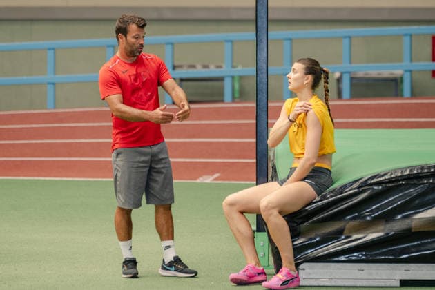 Sandrina Sprengel (GER), VfB Stuttgart, in conversation with her coach Florian Bauder at the DLV Media Days press conference, heptathlon, track and field, 2026–2027 season, August 4, 2026, DLV Media Days press conference, combined events, 2026–2027 season, August 4, 2026, Leverkusen Copyright: xEibner-Pressefoto ThomasxHaeslerx EP_THR