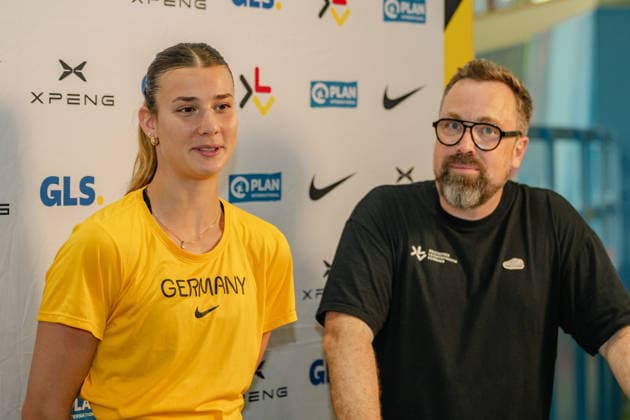 Sandrina Sprengel (GER), VfB Stuttgart, and Sven Ibald, DLV Media Director, in conversation at the DLV Media Days press conference: Combined Events, Track and Field, 2026–2027 Season, August 4, 2026 Press conference at DLV Media Days, combined events, 2026–2027 season, August 4, 2026, Leverkusen Copyright: xEibner-Pressefoto ThomasxHaeslerx EP_THR