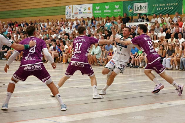 August 4, 2026, xovx, Lindencup Handball, HSG Wetzlar vs. TV Hüttenberg: Leif Haack (TV Hüttenberg), David Kuntscher (TV Hüttenberg), Dominik Mappes (HSG Wetzlar), Hendrik Schreiber (TV Hüttenberg); Linden Stadthalle, Hesse, Germany, DE