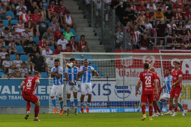 August 4, 2026, GER, Regionalliga North East, Matchday 3, 2026–2027 season, Chemnitz, Chemnitzer FC vs. FSV Zwickau; Philipp Harant (FSV Zwickau) scored the 26th goal with a free kick; Chemnitz 1 Stadium, An der Gellertstraße, Saxony, Germany Copyright: xnordphotoxGmbHx xTrienitzx