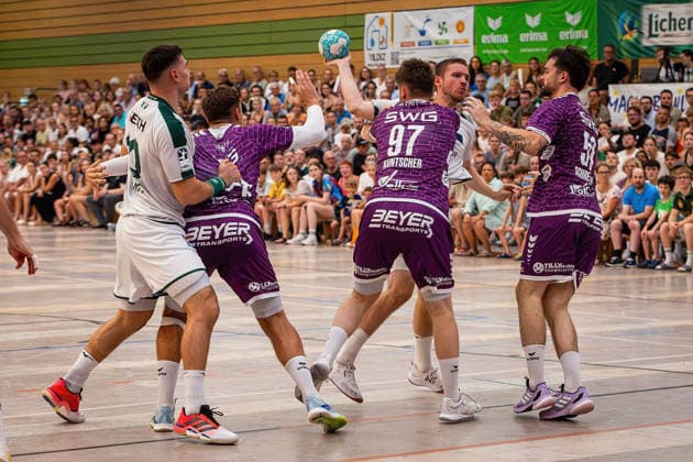 August 4, 2026, xovx, Lindencup Handball, HSG Wetzlar vs. TV Hüttenberg: Josip Simic (HSG Wetzlar), Leif Haack (TV Hüttenberg), David Kuntscher (TV Hüttenberg), Dominik Mappes (HSG Wetzlar), Hendrik Schreiber (TV Hüttenberg); Linden Stadthalle, Hesse, Germany, DE