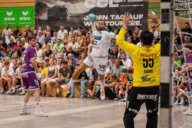 August 4, 2026, xovx, Lindencup Handball, HSG Wetzlar vs. TV Hüttenberg – David Kuntscher (TV Hüttenberg), Nikolaj Laesö (HSG Wetzlar), Yahav Shamir (TV Hüttenberg), Linden Stadthalle, Hesse, Germany, DE
