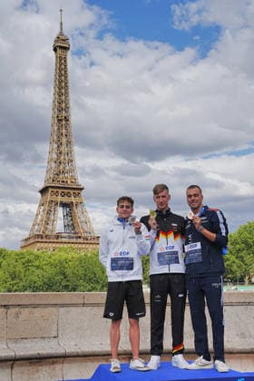 Open Water, Men s 5km, Gregorio PALTRINIERI from Italy, bronze, Florian WELLBROCK from Germany, gold, David BETLEHEM from Hungary, silver, at the European Aquatics Championships Paris 2026, Paris, August 05, 2026 . Copyright: xGianxMattiaxD Alberto LaPressex