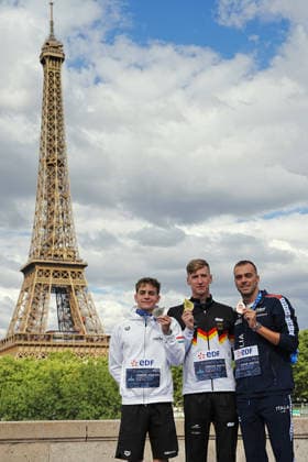 Open Water, Men s 5km, Gregorio PALTRINIERI from Italy, bronze, Florian WELLBROCK from Germany, gold, David BETLEHEM from Hungary, silver, at the European Aquatics Championships Paris 2026, Paris, August 05, 2026 . Copyright: xGianxMattiaxD Alberto LaPressex