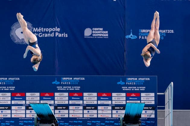 France, Paris, Centre Aquatique Olympique Metropole du Grand Paris, August 6, 2026, European Aquatics Championships – Artistic Swimming, Day 7, Women’s Synchronized 3-meter Springboard Final, Lena Hentschel and Jette Mueller of Germany, Photo by Eibner Pressefoto Tino Henschel European Aquatics Championships Artistic Swimming, Day 7, Women’s Synchronized 3m Springboard Final, Paris Copyright: xEibnerxPressefotox