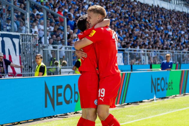 Celebration of the 0-1 goal by Guillermo Balzi, Holstein Kiel, 08, r Phil Harres, Holstein Kiel, 19, GER, SV Darmstadt 98 vs. Holstein Kiel, Soccer, 2. Bundesliga, Matchday 1, 2026–2027 Season, August 8, 2026, DFL regulations prohibit any use of photographs as image sequences and or quasi-video, GER, SV Darmstadt 98 vs. Holstein Kiel, soccer, 2. Bundesliga, Matchday 1, 2026–2027 Season, August 8, 2026, Darmstadt Copyright: xEibner-Pressefoto J-NxGroemlingx EP_JGG