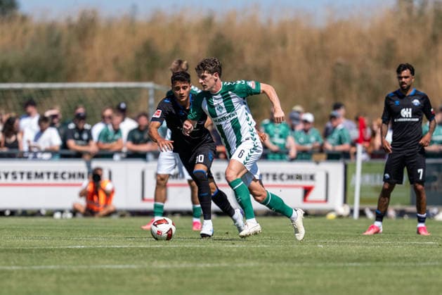 August 8, 2026, GER Germany, Soccer, 2026–2027 season, Bundesliga, Friendly match: Werder Bremen vs. SC Paderborn. Tackle between Jens Stage (SV Werder Bremen, 6) and Stefano Marino (SC Paderborn 07, 30). Vechta Sports Complex, VfL Oythe, Lower Saxony, Germany Copyright: xnordphotoxGmbHx xSchulzex