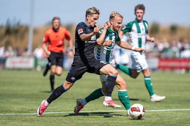 August 8, 2026, GER Germany, Soccer, 2026–2027 Season, Bundesliga, Friendly Match: Werder Bremen vs. SC Paderborn, Tackle between Albert Millgramm (SC Paderborn 07, 19) and Marco Grüll (SV Werder Bremen, 17), Vechta Sports Complex, VfL Oythe, Lower Saxony, Germany Copyright: xnordphotoxGmbHx xSchulzex