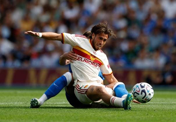 Luigi Cherubini of AS Roma is challenged by Joao Costinha of Brighton and Hove Albion Brighton and Hove Albion v Roma, Pre Season Friendly, Football, American Express Community Stadium, Brighton, UK - 08 Aug 2026Brighton American Express Community Stadi United Kingdom EDITORIAL USE ONLY No use with unauthorised audio, video, data, fixture lists, club league logos or live services. Online in-match use limited to 120 images, no video emulation. No use in betting, games or single club league player publications. Copyright: xMattxImpey Shutterstockx 17050873x