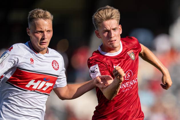 A tackle between Kevin Brechmann of Fortuna Köln, 27, and Lukas Stoppel of SG Sonnenhof Großaspach, 10, SG Sonnenhof Großaspach vs. Fortuna Köln, soccer, 3rd Division, Matchday 1, August 8, 2026, DFB regulations prohibit any use of photographs as image sequences and or quasi-video. Aspach, Baden-Württemberg, Germany Copyright: xkolbert-press PhilipxZieglerx