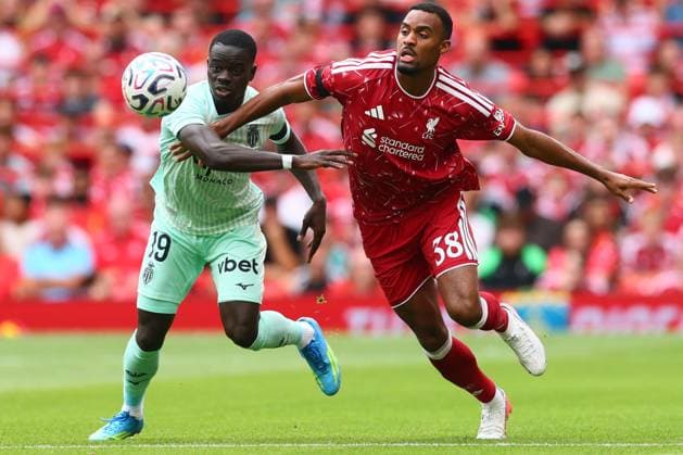 Pape Cabral of Monaco and Ryan Gravenberch of Liverpool Liverpool v Monaco, Pre Season Friendly, Football, Anfield, Liverpool, UK - 09 Aug 2026Liverpool Anfield United Kingdom EDITORIAL USE ONLY No use with unauthorised audio, video, data, fixture lists, club league logos or live services. Online in-match use limited to 120 images, no video emulation. No use in betting, games or single club league player publications. Copyright: xPaulxCurrie Shutterstockx 17051142ce