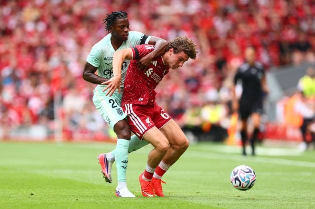 Flavio Nazinho of Monaco and Lewis Koumas of Liverpool Liverpool v Monaco, Pre Season Friendly, Football, Anfield, Liverpool, UK - 09 Aug 2026Liverpool Anfield United Kingdom EDITORIAL USE ONLY No use with unauthorised audio, video, data, fixture lists, club league logos or live services. Online in-match use limited to 120 images, no video emulation. No use in betting, games or single club league player publications. Copyright: xPaulxCurrie Shutterstockx 17051142cz