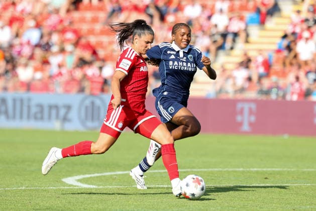 Jovana Damnjanovic, FC Bayern Munich, No. 09 with the ball, GER, FC Bayern Munich vs. Paris FC, soccer, friendly match, 2026–2027 season, August 9, 2026, GER, FC Bayern Munich vs. Paris FC, soccer, friendly match, 2026–2027 season, August 9, 2026, Unterhaching Copyright: xEibner-Pressefoto JennixMaulx EP_JML