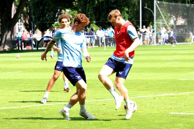 August 11, 2026, Germany, Soccer, 2. Bundesliga, 2026–2027 Season, Sportforum, Hertha BSC, Training: Sebastian Groenning, Hertha BSC Berlin 17, Julian Eitschberger, Hertha BSC Berlin 2, 2nd Division, DFB and DFL regulations prohibit any use of photographs as image sequences and or quasi-video, Berlin Sportforum, Berlin, Germany Copyright: xNordphotox xEnglerx