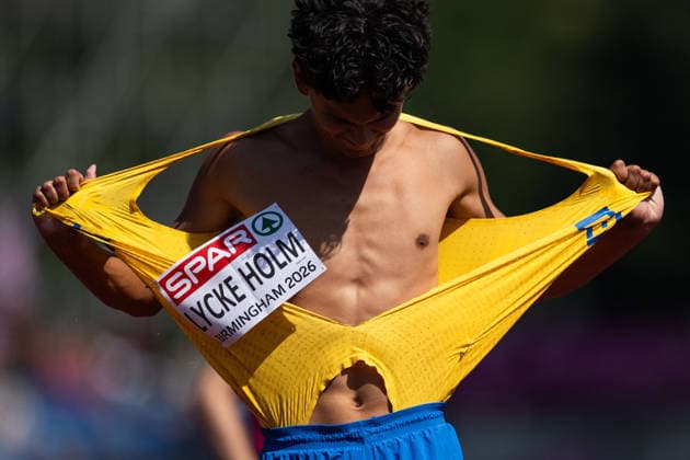 August 11, 2026: Melwin Lycke Holm of Sweden looks dejected after competing in the men’s high jump qualifying round on Day 2 of the 2026 European Athletics Championships on August 11, 2026 in Birmingham. Photo by Mathias Bergeld, BILDBYRAN, code MB MT1065. track and field, athletics, friidrett, friidrotts EM, 2026 European Athletics Championships, high jump, Sweden, dejected Copyright: MATHIASxBERGELD BB260811MB071