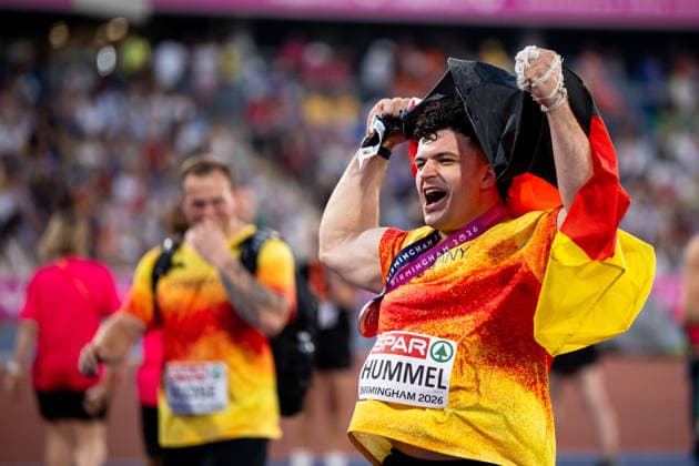 August 11, 2026, GBR, Track and Field, 2026 European Championships, Evening Session, Day 2, Birmingham Merlin Hummel Germany celebrates second place and the silver medal, Men s Hammer Throw, Final, Alexander Stadium, Birmingham, England, Great Britain Copyright: xNordphoto Memmlerx