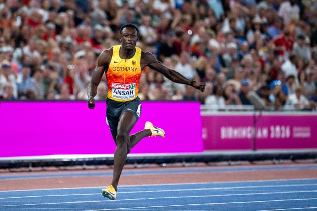 August 11, 2026, GBR, Track and Field, 2026 European Championships, Evening Session, Day 2, Birmingham: Owen Ansah of Germany finishes in 3rd place to win the bronze medal, Men’s 100-meter dash, Final, Alexander Stadium, Birmingham, England, Great Britain Copyright: xNordphoto Memmlerx
