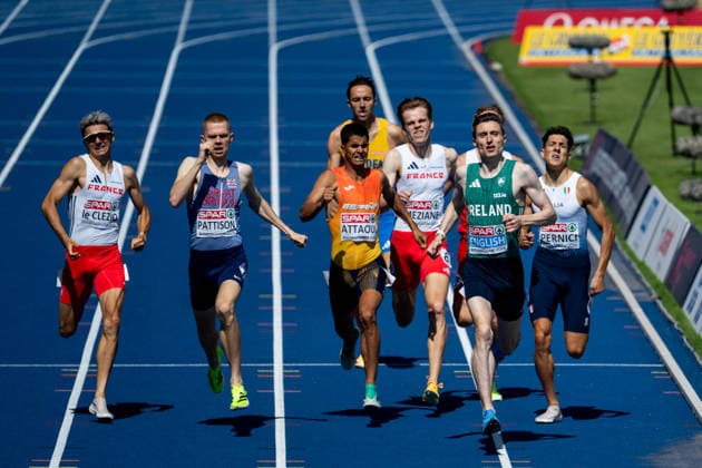 August 12, 2026, GBR, Track and Field, 2026 European Championships, Morning Session, Day 3, Birmingham: Mark English (Ireland), Mohamed Attaoui (Spain), Ben Pattison (Great Britain), Corentin le Clezio (France), Men s 800-meter race, Semifinals, Alexander Stadium, Birmingham, England, Great Britain Copyright: xNordphoto Memmlerx