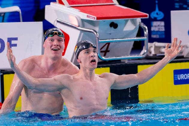 France, Paris, Centre Aquatique Olympique Metropole du Grand Paris, August 12, 2026, European Aquatics Championships, Day 13 Final Session, Sven Schwarz, Waspo 98 Hannover and Johannes Liebmann, SC Magdeburg, Germany, Photo by Eibner Pressefoto Tino Henschel European Aquatics Championships, Day 13 Final Session, Paris Copyright: xEibnerxPressefotox