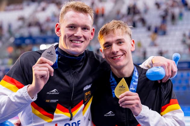 France, Paris, Centre Aquatique Olympique Metropole du Grand Paris, August 12, 2026, European Aquatics Championships, Day 13 Final Session, Sven Schwarz, Waspo 98 Hannover and Johannes Liebmann, SC Magdeburg, Germany, Photo by Eibner Pressefoto Tino Henschel European Aquatics Championships, Day 13 Final Session, Paris Copyright: xEibnerxPressefotox
